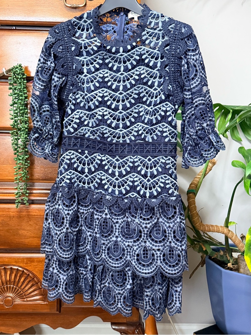 Sea New York Rosalie Navy Lace Pattern Tiered Mini Nautical Inspired Dress